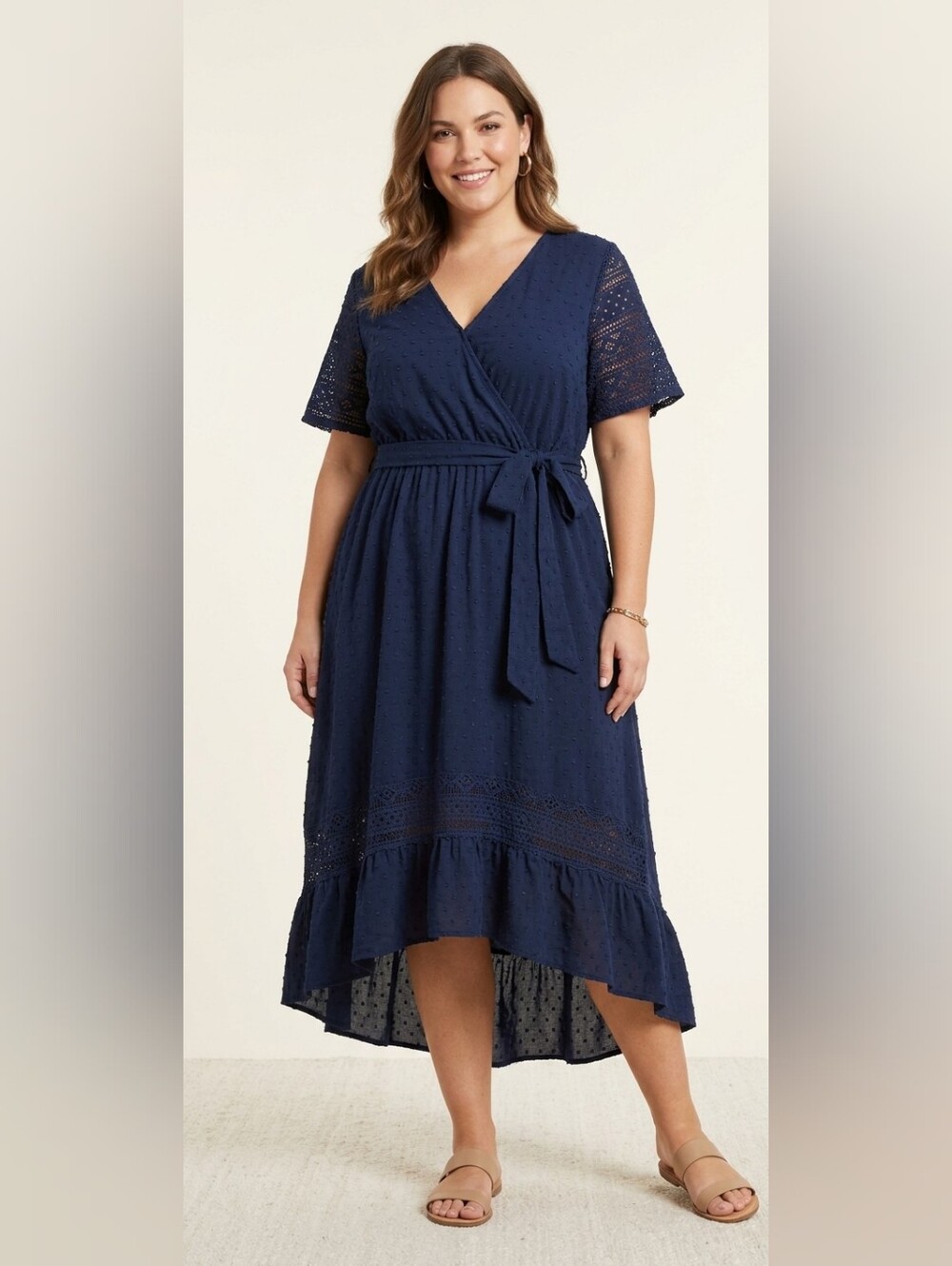 Bloomchic Navy High-Low Swiss Dot Lace Trim  Midi Dress w/ Pockets Size 14/16